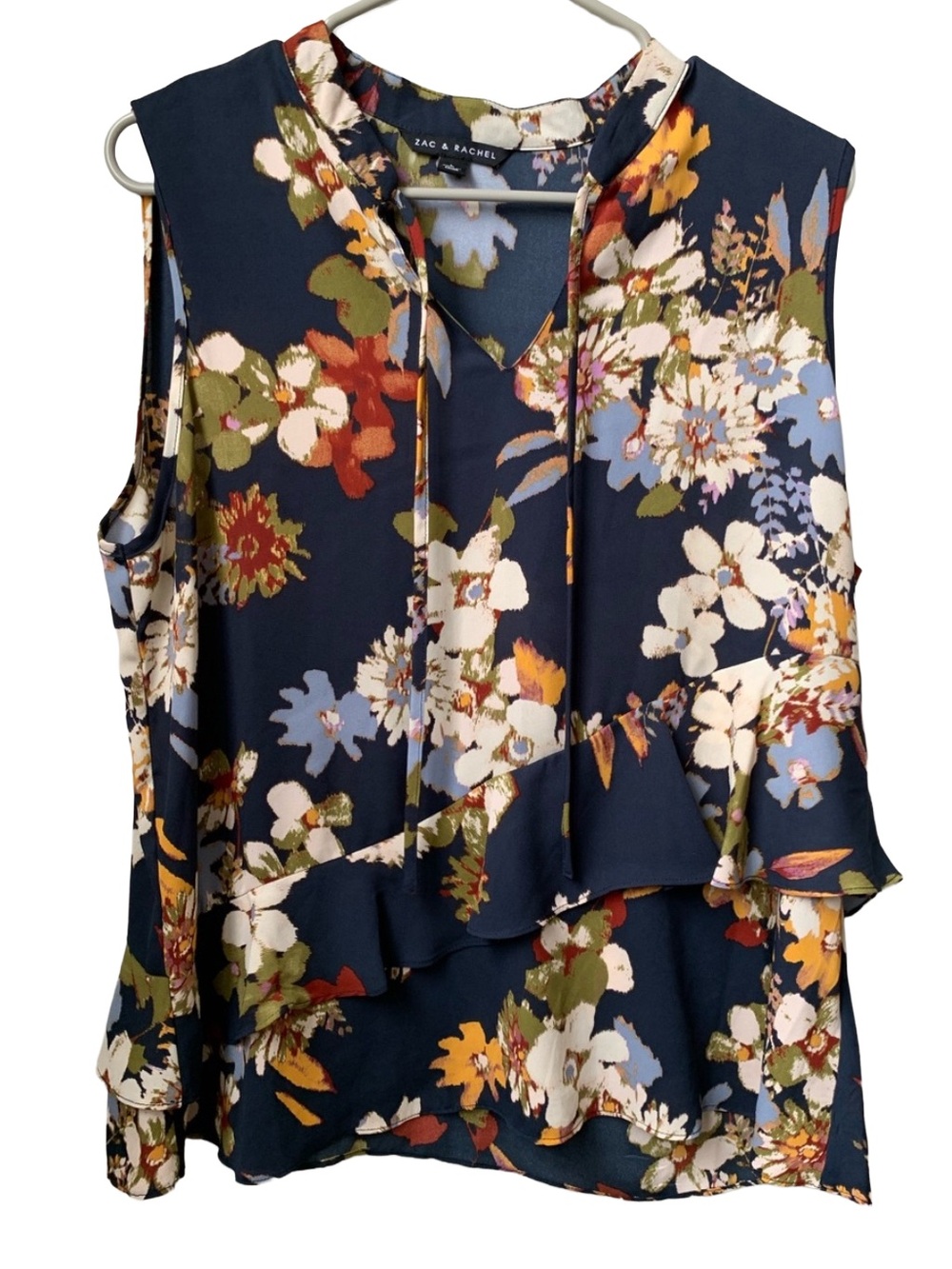 ZAC & RACHEL Women’s Dark Blue Floral V-neck Sleeveless Tie Front Blouse